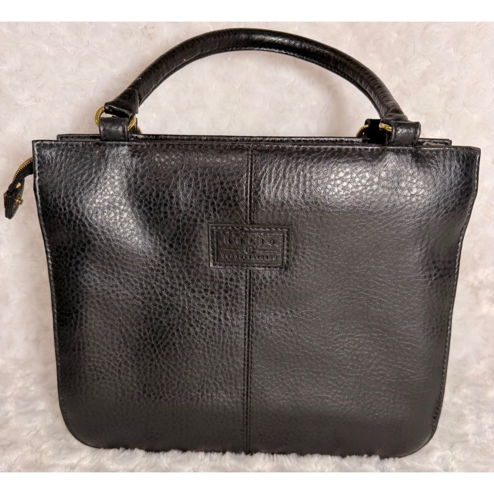 Relic by Fossil Black Pebbled Triple Compartment Satchel Gold Hardware Handbag
